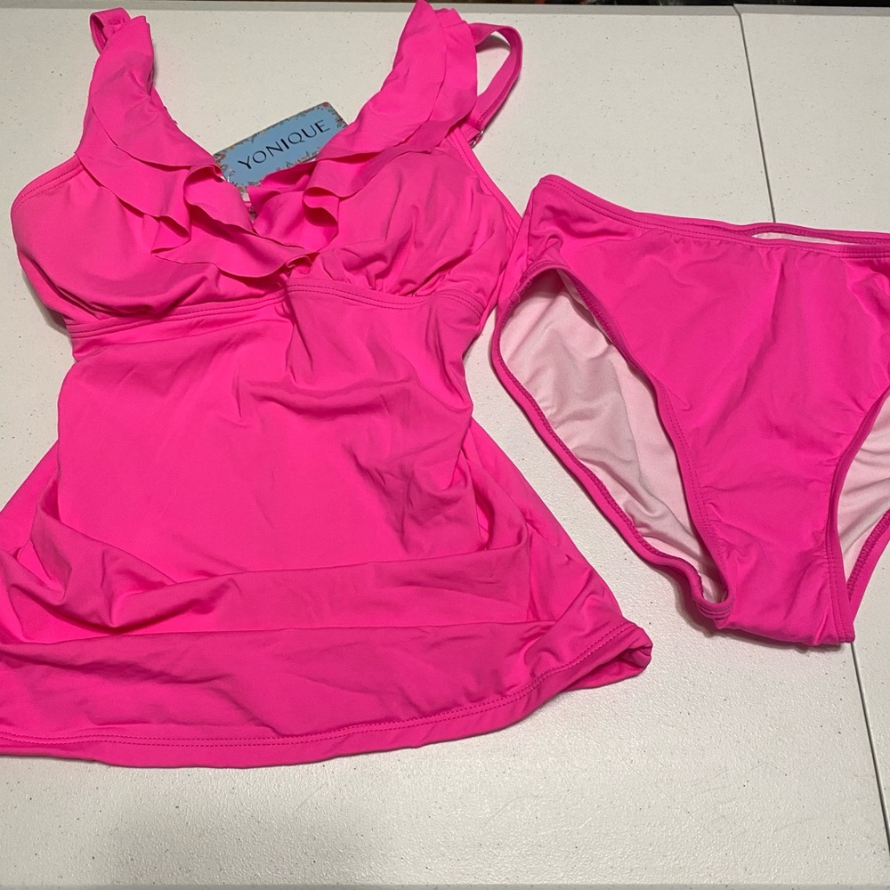NWT Yonique Ruffled Tankini Set in Hot Pink Size XS